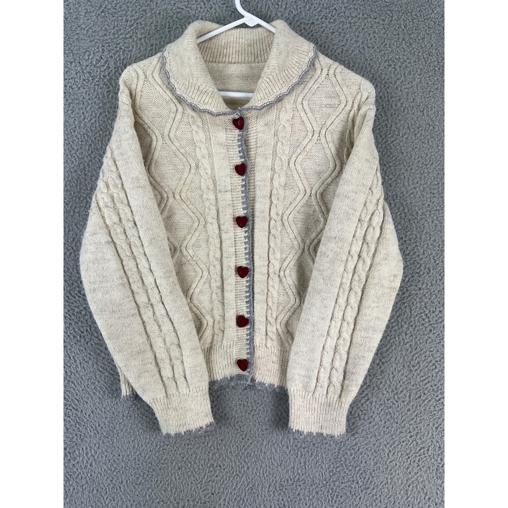 Handmade Heart Button Cable Knit Cardigan Women Medium Cream Shawl Collar Cozy